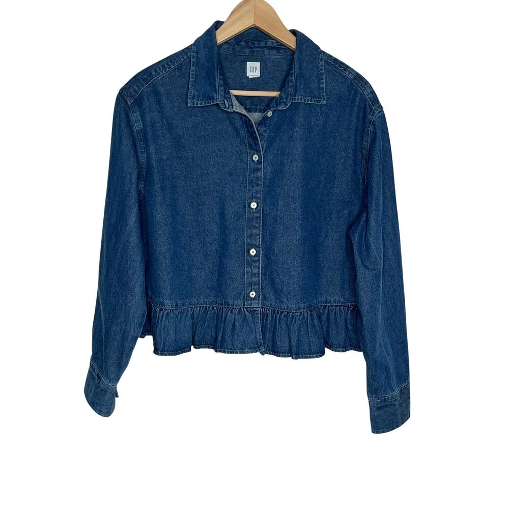 Gap Long Sleeve Poplin Peplum Top Womens Small Blue Cropped Ruffle Cotton 2025 - Picture 3 of 11